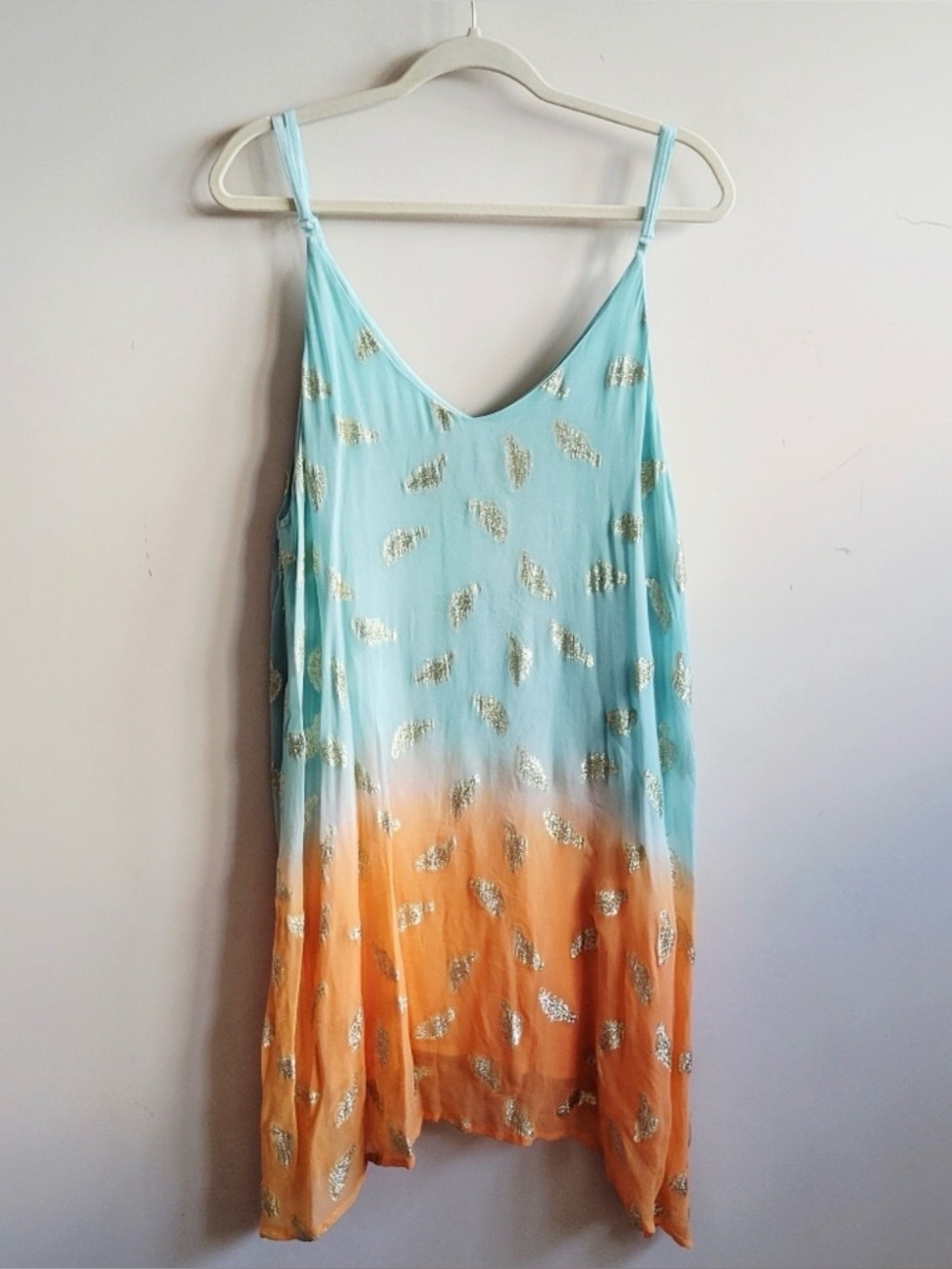 Sleeveless Ombre Aqua to Orange Slip Dress with Gold Foil Detail